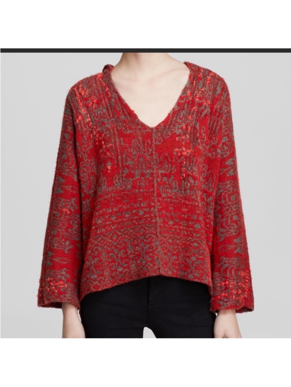 Free People Red Patterned V-Neck Knit Sweater